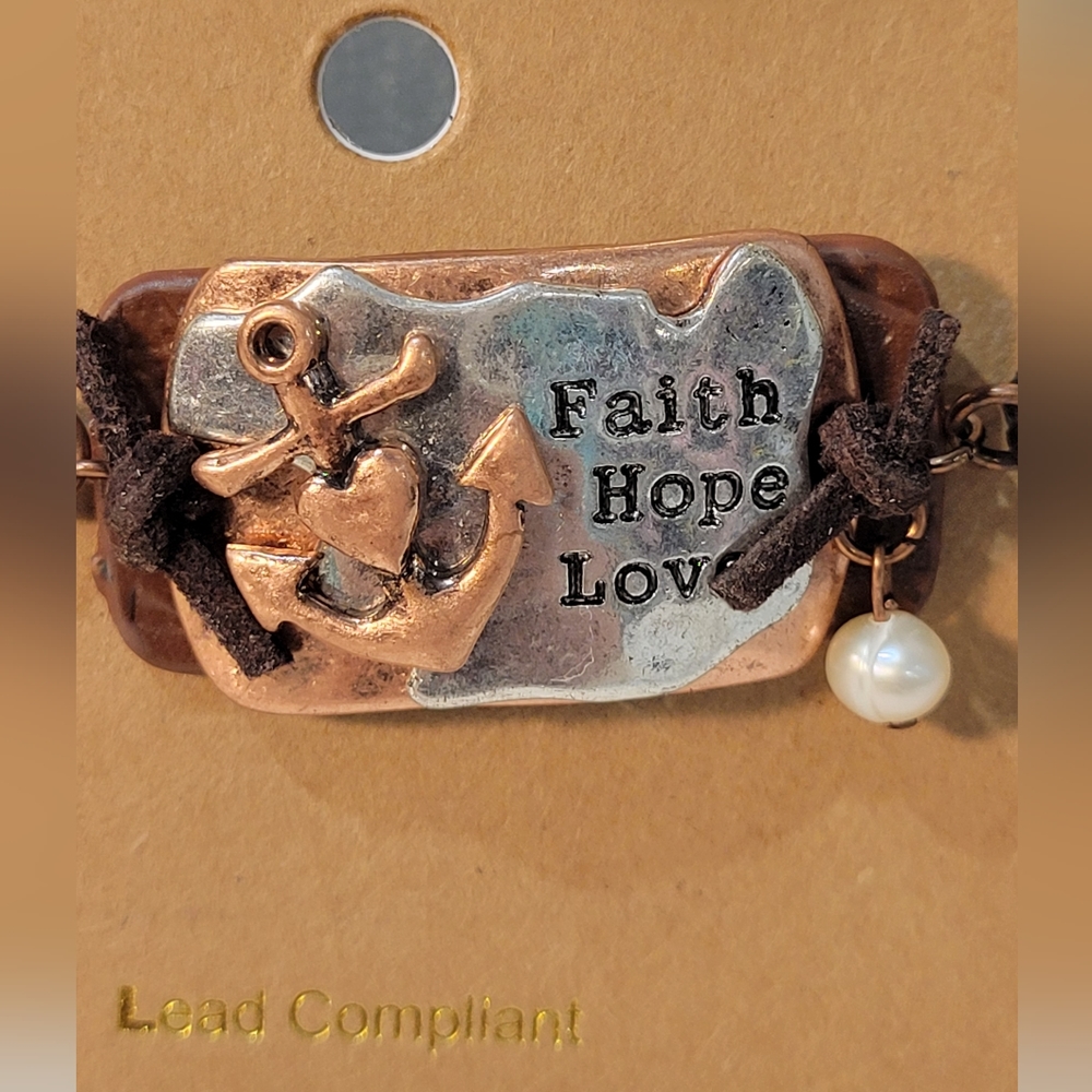 Faith love hope leather adjustable bracelet with anchor.  Bolo closure.